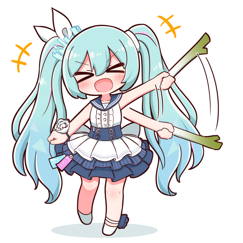 &gt;_&lt; +++ 1girl :d afterimage bangs blue_hair blue_sailor_collar blush center_frills chibi closed_eyes commentary_request eyebrows_visible_through_hair facing_viewer flower food frills full_body hair_between_eyes hair_ribbon hatsune_miku highres holding holding_food holding_spring_onion holding_vegetable layered_skirt long_hair naga_u outstretched_arm pleated_skirt ribbon rose sailor_collar shadow shirt shoes skirt smile solo speed_lines spring_onion twintails vegetable very_long_hair vocaloid white_background white_flower white_footwear white_ribbon white_rose white_shirt white_skirt xd