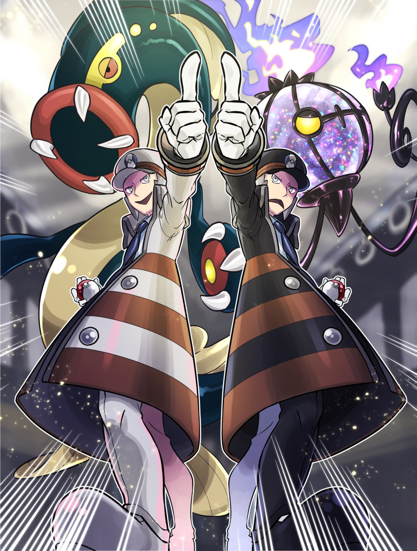 2boys black_coat black_headwear brothers brown_coat buttons chandelure coat commentary_request eelektross emmet_(pokemon) emphasis_lines frown gloves grey_hair hat highres holding holding_poke_ball ingo_(pokemon) long_sleeves male_focus multiple_boys necktie open_mouth pants pkpokopoko3 pointing poke_ball poke_ball_(basic) pokemon pokemon_(creature) pokemon_(game) pokemon_bw shirt shoes short_hair siblings sideburns smile striped_coat train_interior white_coat white_gloves white_headwear white_pants white_shirt