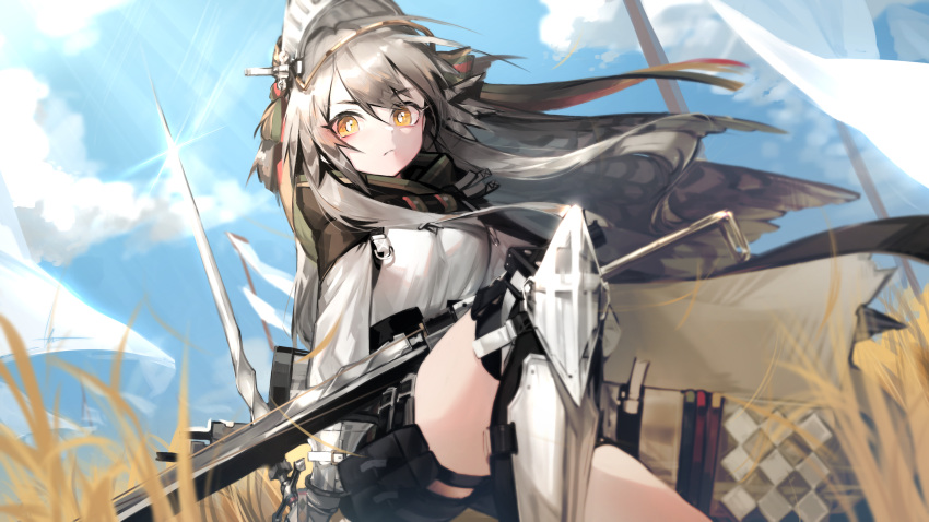 1girl absurdres arknights bangs black_cape black_legwear black_shorts blue_sky bow_(weapon) breasts bright_pupils cape closed_mouth day eyebrows_visible_through_hair fartooth_(arknights) feather_hair floating_hair grass helmet high-waist_shorts highres libiadan long_hair looking_at_viewer medium_breasts one_knee outdoors quiver shin_guards shirt shorts signature silver_hair sky solo thigh-highs thigh_pouch thigh_strap v-shaped_eyebrows very_long_hair weapon white_shirt wind yellow_eyes