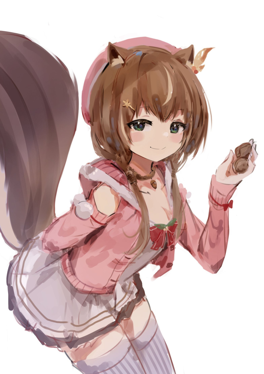 1girl animal_ears ayunda_risu brown_hair closed_mouth english_commentary food green_eyes hair_ornament hairclip highres holding holding_food hololive hololive_indonesia leaning_forward medium_hair nut_(food) orobou simple_background squirrel_ears squirrel_girl squirrel_tail tail virtual_youtuber white_background