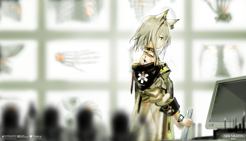 1girl absurdres animal_ear_fluff animal_ears arknights artist_request bare_shoulders blurry blurry_background check_artist coat collar copyright_name cyrillic green_coat green_eyes green_hair highres holding holding_paper kal'tsit_(arknights) looking_down monitor official_art oripathy_lesion_(arknights) paper short_hair solo standing third-party_source watch watermark yui_(niikyouzou)