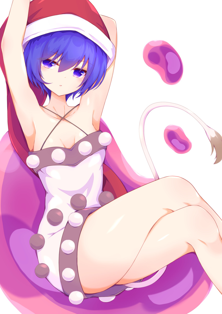 1girl armpits arms_up bangs bare_shoulders breasts brown_dress chair collarbone crossed_legs doremy_sweet dress eyebrows_visible_through_hair eyes_visible_through_hair hair_between_eyes hands_up hat highres looking_to_the_side open_mouth pom_pom_(clothes) purple_hair red_headwear short_hair simple_background sitting sleeveless sleeveless_dress small_breasts solo tail tomoe_(fdhs5855) touhou violet_eyes white_background white_dress