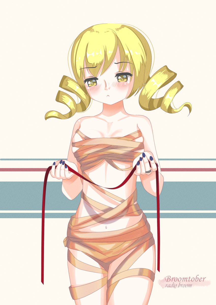 1girl absurdres blonde_hair blush breasts halloween highres magia_record:_mahou_shoujo_madoka_magica_gaiden mahou_shoujo_madoka_magica mummy nude radio.broom shoulders simple_background thighs tomoe_mami white_background yellow_eyes