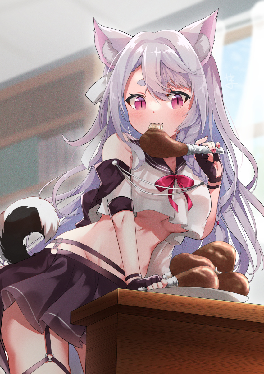 1girl animal_ear_fluff animal_ears azur_lane bangs bare_shoulders black_gloves black_sailor_collar black_skirt bookshelf braid breasts chicken_(food) collarbone commentary_request cowboy_shot crop_top crop_top_overhang curtains eating eyebrows_visible_through_hair fangs fingerless_gloves food garter_belt gloves groin hair_between_eyes highres holding holding_food indoors long_hair looking_at_viewer medium_breasts miniskirt nail_polish o-ring partial_commentary plate pleated_skirt red_eyes red_nails red_ribbon retrofit_(azur_lane) ribbon sailor_collar shirt short_eyebrows side_braid sidelocks silver_hair skin_fangs skirt sleeveless sleeveless_shirt slit_pupils solo standing stomach swepot tail thick_eyebrows under_boob very_long_hair white_shirt window wolf_ears wolf_tail yuudachi_(azur_lane)