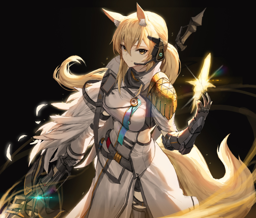 1girl absurdres animal_ear_fluff animal_ears arknights armor black_background blonde_hair breasts cowboy_shot dress hand_up headset highres holding holding_weapon horse_ears horse_girl horse_tail long_hair looking_at_viewer medium_breasts molyb nearl_(arknights) nearl_the_radiant_knight_(arknights) pauldrons shoulder_armor simple_background smile solo standing tail weapon white_dress yellow_eyes