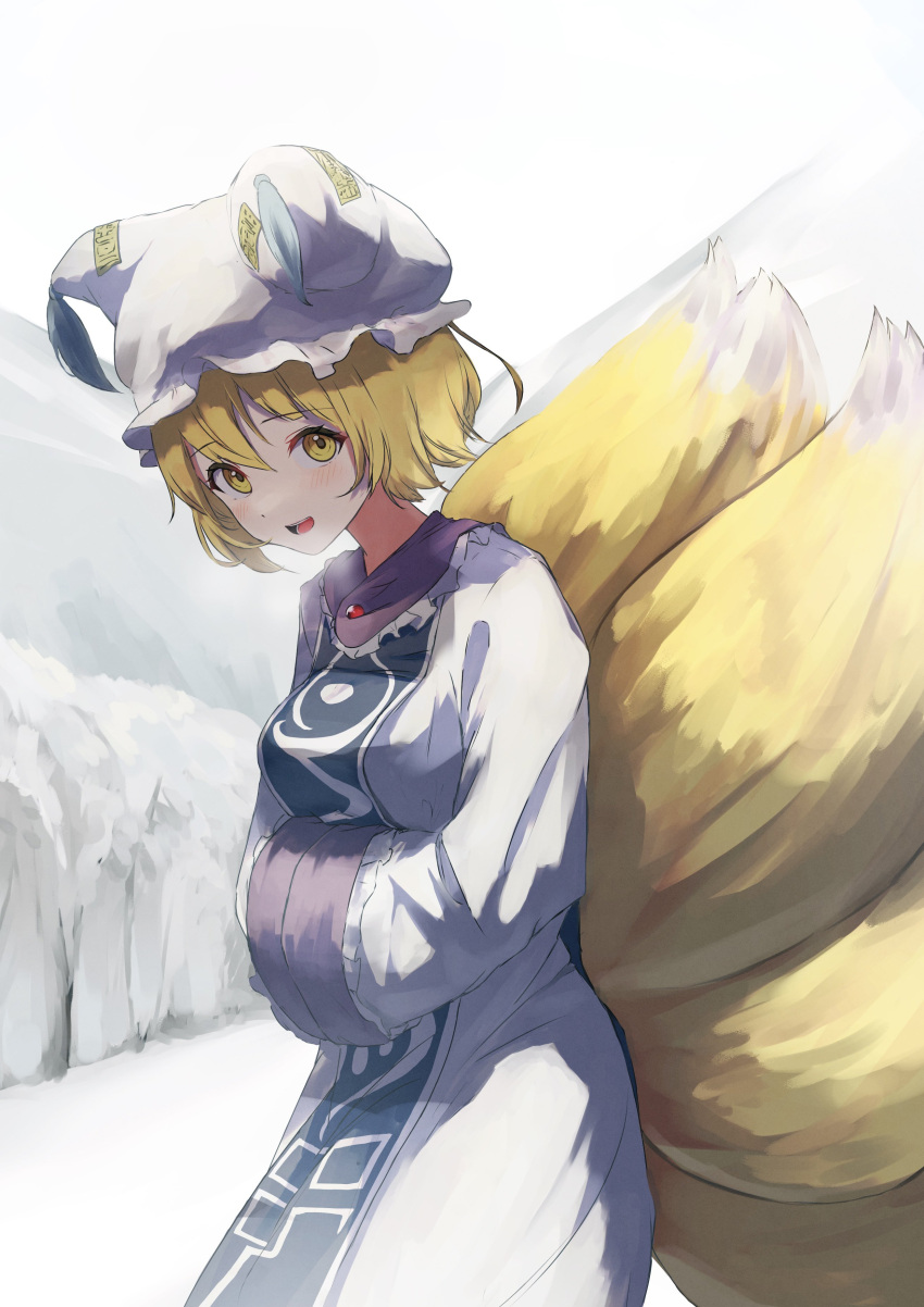 1girl :d absurdres animal_ears blonde_hair dress eyebrows_visible_through_hair fox_ears fox_tail hands_in_opposite_sleeves hat highres keikei_927 looking_at_viewer multiple_tails open_mouth pillow_hat short_hair smile solo standing tabard tail touhou white_background white_dress white_headwear yakumo_ran yellow_eyes