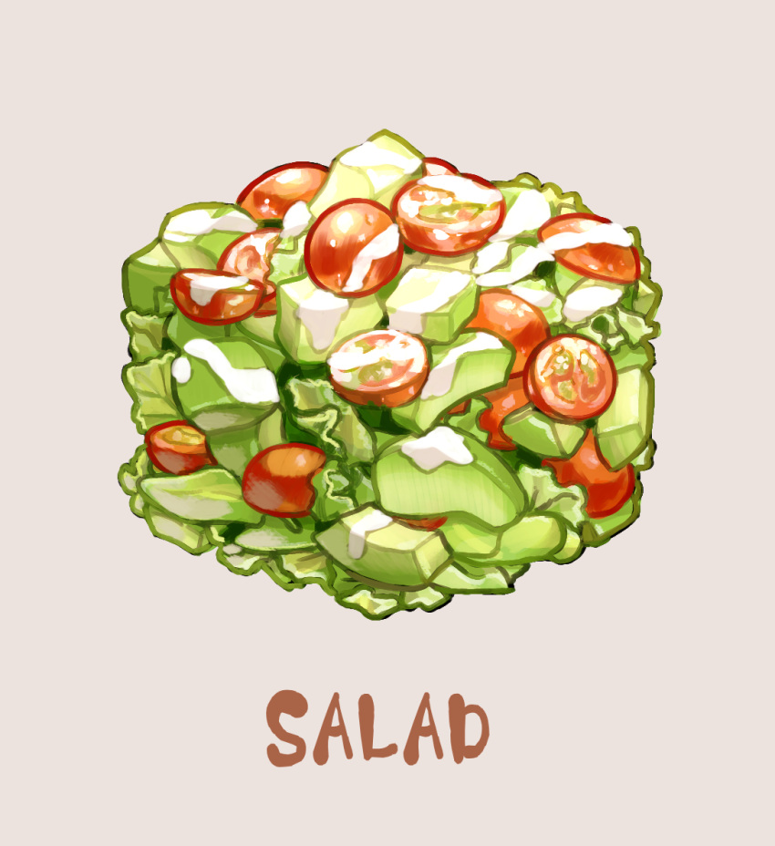 cube dressing english_text food food_focus grey_background lettuce no_humans original saino salad simple_background tomato