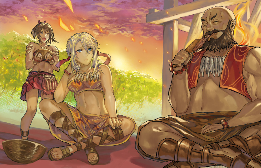 1girl 2boys :&lt; ai_fa bandeau bangs bare_arms bare_shoulders blonde_hair blue_eyes bowl bracelet braid breasts character_request closed_mouth clouds cover_image fire gradient_sky hair_between_eyes highres indian_style isekai_ryouridou jewelry kochimo linea_alba medium_breasts midriff multiple_boys navel necklace novel_illustration official_art orange_sky outdoors photoshop_(medium) purple_sky second-party_source sitting sky textless toes tree upskirt