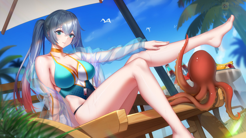 1girl absurdres bangs bare_legs barefoot beach_chair blue_sky blue_swimsuit bottle breasts chinese_commentary choker closed_mouth commentary_request day dutch_angle eyebrows_visible_through_hair feet food foot_out_of_frame fruit girls'_frontline_neural_cloud girls_frontline gradient_hair green_eyes hair_between_eyes hand_on_own_leg highleg highleg_swimsuit highres hong_bai jacket large_breasts long_hair long_sleeves looking_at_viewer lwmmg_(girls'_frontline) multicolored_hair octopus one-piece_swimsuit open_clothes open_jacket orange_choker outdoors palm_tree redhead see-through see-through_jacket silver_hair sitting sky solo swimsuit tree twintails