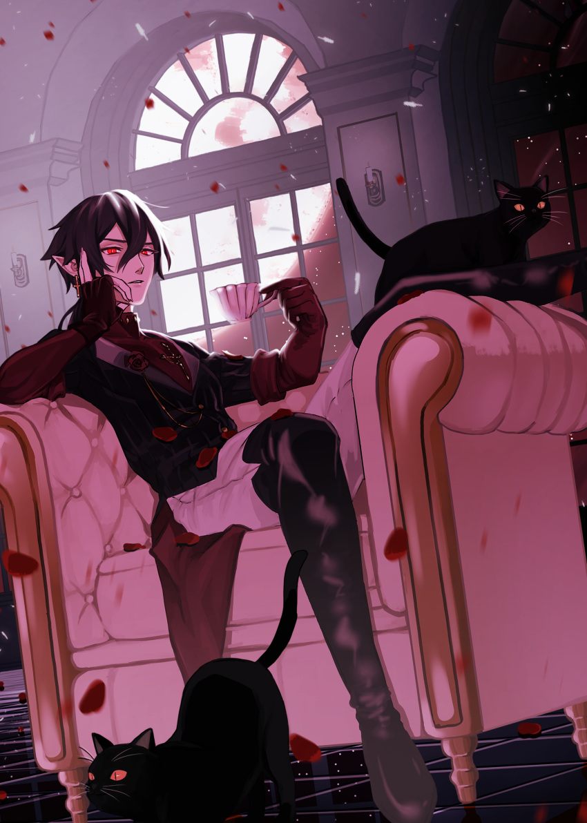 1boy absurdres black_cat black_footwear black_hair boots brown_gloves cat couch cross cross_earrings cup dracula_(masterwork_apocalypse) earrings elbow_gloves fingerless_gloves fingernails flower gloves hand_on_own_head highres hiiragi_hizasi holding holding_cup indoors jewelry long_fingernails looking_at_object male_focus masterwork_apocalypse pants parted_lips red_eyes red_flower red_shirt shirt short_hair single_fingerless_glove sitting solo tile_floor tiles turtleneck vampire waistcoat white_pants