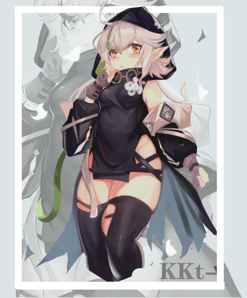 1girl absurdres ahoge arknights ayy_(25247) black_legwear black_sleeves black_tunic breasts cropped_legs detached_sleeves flower gloves goggles goggles_around_neck goggles_on_head green_hair grey_background grey_hair groin hand_up highres hood hood_up looking_at_viewer no_panties partially_fingerless_gloves pointy_ears short_hair small_breasts solo thigh-highs thighs tomimi_(arknights) torn_clothes torn_legwear unfinished white_flower yellow_eyes zoom_layer