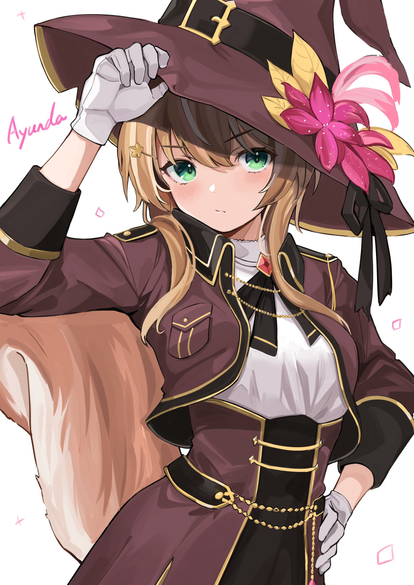 1girl absurdres anbasa_(amaneyuz13) ayunda_risu brown_hair chain cropped_jacket flower gloves green_eyes hair_ornament hairpin hat hat_belt hat_flower hat_ribbon highres holding holding_clothes holding_hat hololive hololive_indonesia multicolored_hair neck_ribbon ribbon solo squirrel_girl squirrel_tail streaked_hair tail upper_body virtual_youtuber witch_hat