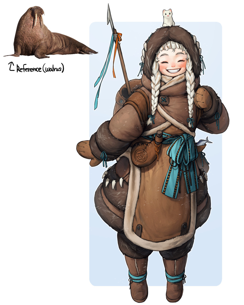 1girl absurdres animal_on_head bangs blunt_bangs blush braid brown_coat brown_mittens closed_eyes coat fish full_body highres hood hood_up long_hair on_head original parted_lips personification polearm rinotuna smile solo spear standing twin_braids walrus weapon white_hair