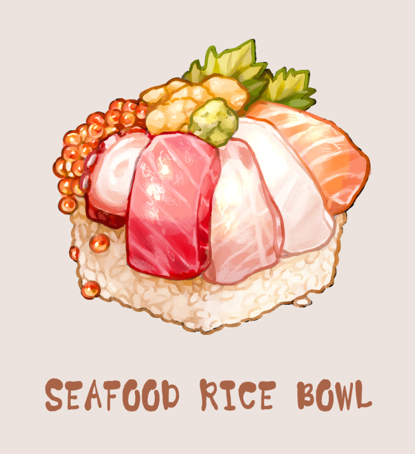 cube english_text food food_focus grey_background nigirizushi no_humans original rice roe saino salmon sashimi simple_background sushi