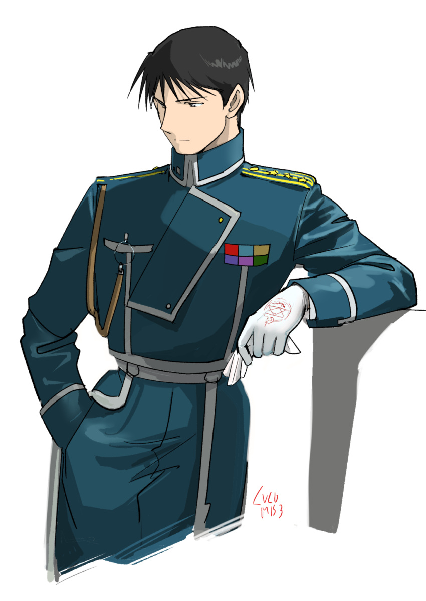 1boy aiguillette amestris_military_uniform artist_name black_eyes black_hair blue_jacket blue_pants buttons closed_mouth clothes_writing collared_jacket cropped_legs double-breasted elbow_rest facing_viewer fullmetal_alchemist gloves gloves_removed half-closed_eyes hand_in_pocket highres holding holding_clothes holding_gloves jacket looking_afar magic_circle male_focus military military_jacket military_uniform pants roy_mustang serious shadow simple_background spiky_hair standing tsurime uniform urikurage white_background white_gloves