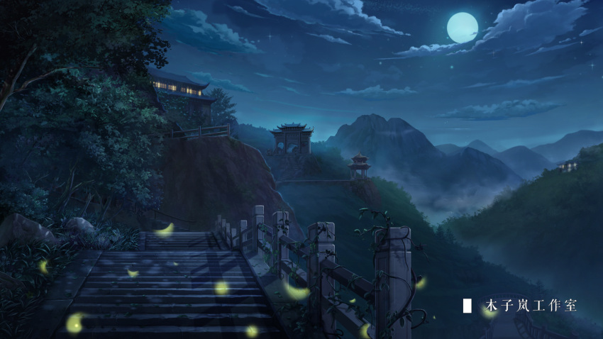 architecture artist_name bug building chinese_commentary chinese_text clouds commentary_request east_asian_architecture fence fireflies full_moon gate grass highres landscape moon moonlight moonslanstudio mountain nature night night_sky no_humans original plant scenery sky stairs star_(sky) tree vines