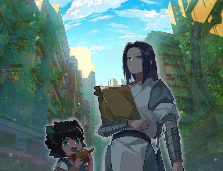 2boys absurdres animal_ears bag black_hair blue_sky burger cat_ears child clouds cloudy_sky day food fuc_kouken highres holding holding_food long_hair low-tied_long_hair luoxiaohei multiple_boys outdoors short_hair sky standing the_legend_of_luo_xiaohei upper_body wuxian_(the_legend_of_luoxiaohei)