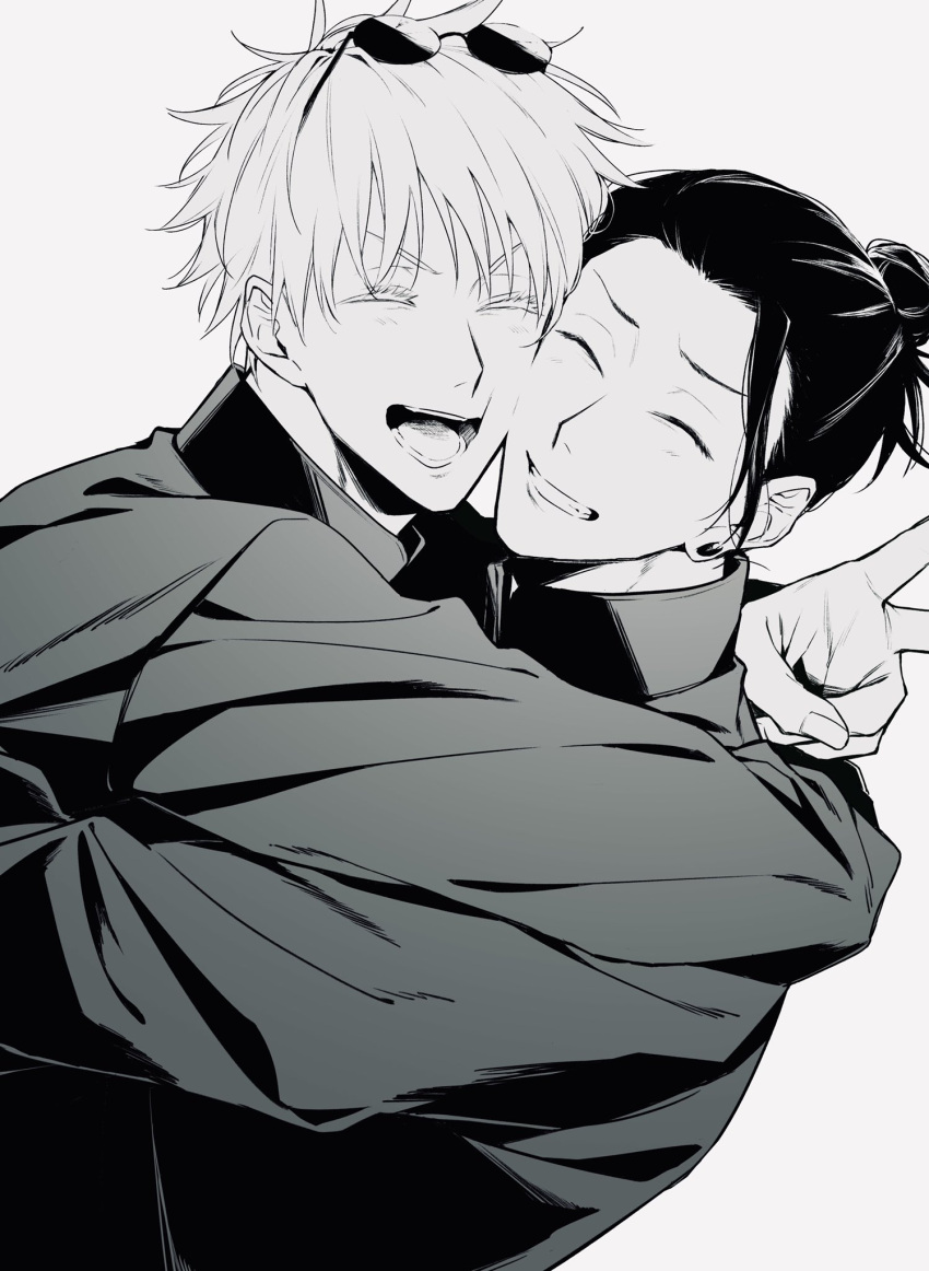 2boys ^_^ bangs closed_eyes ear_piercing eyewear_on_head getou_suguru gojou_satoru greyscale grin hair_bun hair_pulled_back highres hug jacket jujutsu_kaisen long_sleeves male_focus monochrome multiple_boys open_mouth piercing round_eyewear short_hair simple_background smile sunglasses tachibana_ju2 upper_body v v-shaped_eyebrows