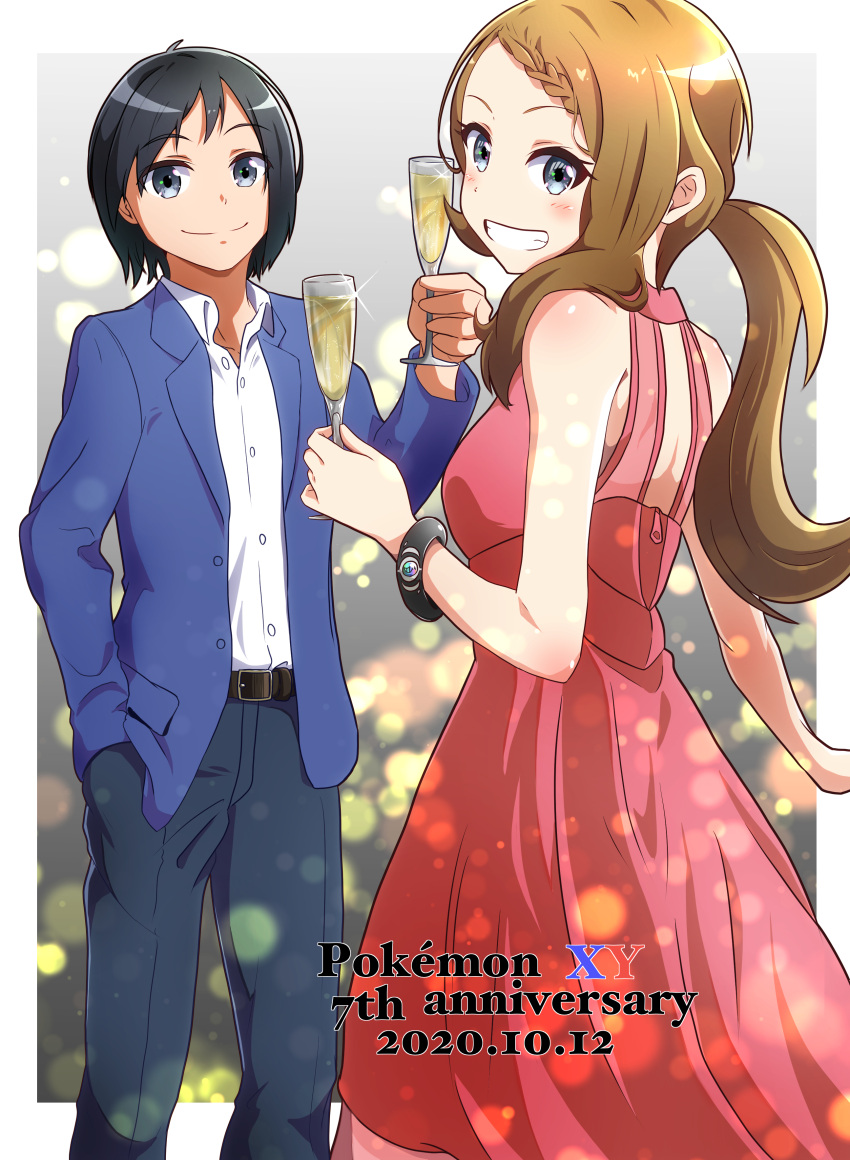 1boy 1girl absurdres black_hair blue_eyes blush breasts brown_hair calem_(pokemon) closed_mouth dress highres long_hair looking_at_viewer negimiso1989 pokemon pokemon_(game) pokemon_xy serena_(pokemon) smile