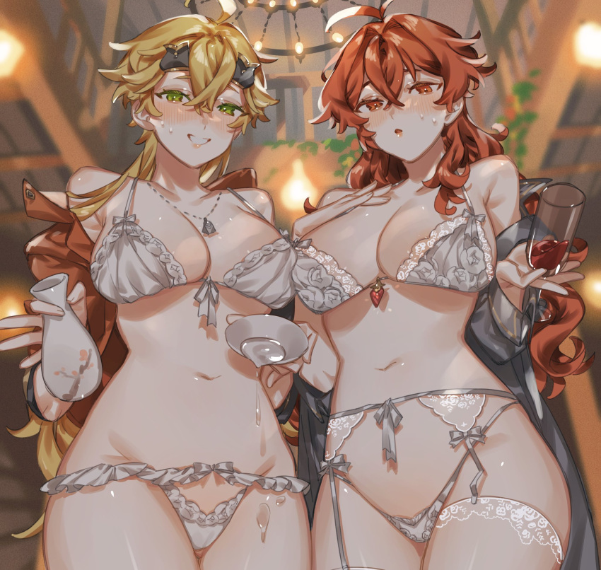 2girls ahoge antenna_hair bangs blonde_hair blurry blurry_background blush bra breasts chandelier crossed_bangs crow_3434 cup diluc_(genshin_impact) dog_tags fake_horns garter_belt garter_straps genderswap genderswap_(mtf) genshin_impact green_eyes grin headband highres holding holding_cup horned_headwear horns indoors jewelry large_breasts long_hair looking_at_viewer multiple_girls open_clothes open_shirt panties parted_lips ponytail red_eyes red_shirt redhead shirt smile sweat thigh-highs thoma_(genshin_impact) underwear white_bra white_legwear white_panties