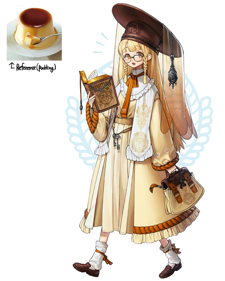 1girl absurdres bag bangs black_footwear blonde_hair blunt_bangs book braid brown_eyes dress eyebrows_visible_through_hair food full_body glasses highres holding holding_bag holding_book long_hair long_sleeves looking_at_viewer open_book open_mouth original personification pudding rinotuna shoes socks solo twin_braids walking white_background white_legwear yellow_dress