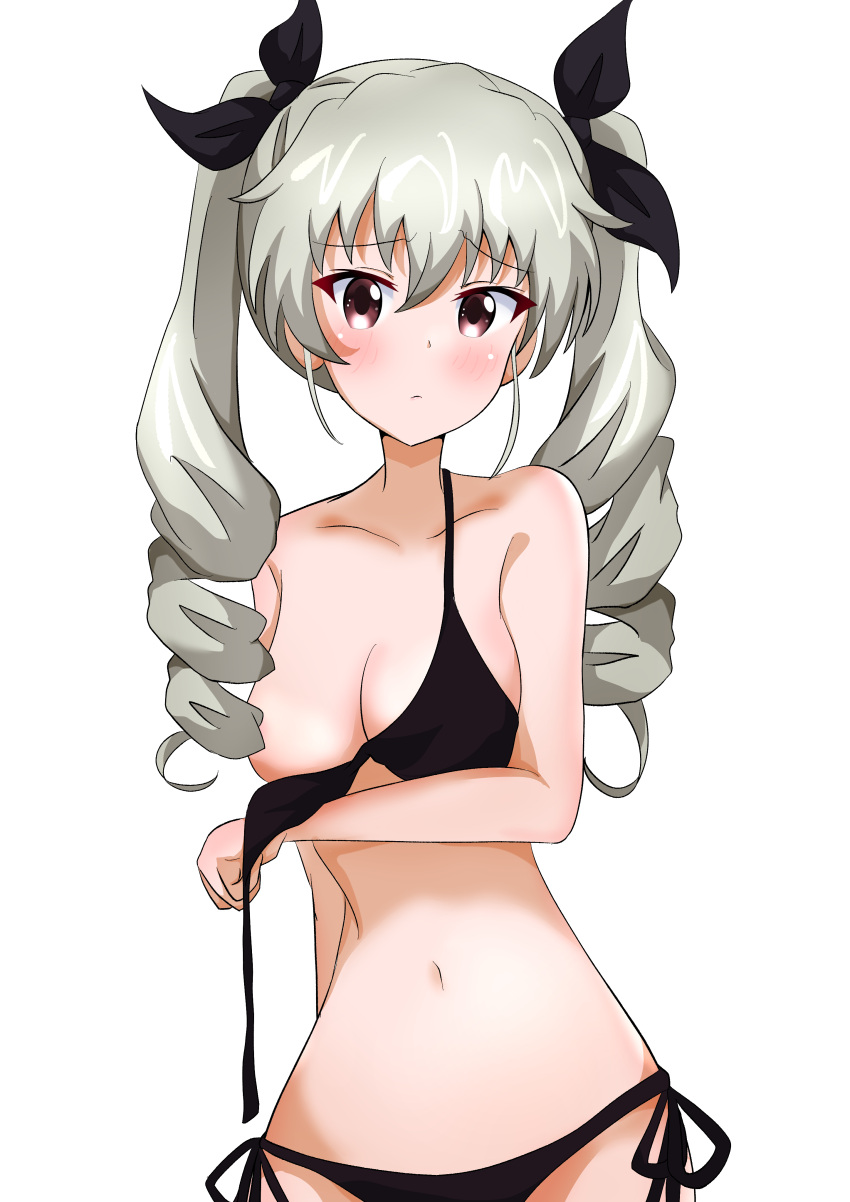 1girl absurdres anchovy_(girls_und_panzer) arm_behind_back bangs bikini black_ribbon blush breast_hold breasts brown_eyes closed_mouth commentary cowboy_shot drill_hair eyebrows_visible_through_hair frown girls_und_panzer green_hair hair_ribbon halterneck highres long_hair looking_at_viewer medium_breasts motti_(motthi0711) navel ribbon side-tie_bikini simple_background solo standing swimsuit twin_drills twintails untied untied_bikini wardrobe_malfunction white_background