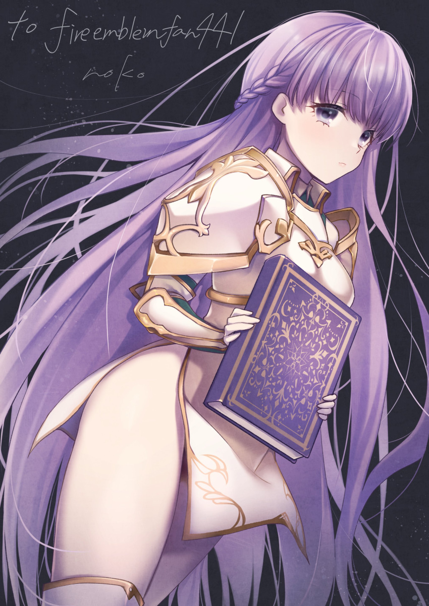 1girl absurdly_long_hair absurdres alternate_costume armor black_background book boots commission dress fire_emblem fire_emblem:_the_binding_blade fire_emblem_heroes gauntlets gloves highres holding holding_book long_hair looking_at_viewer noko pegasus_knight_uniform_(fire_emblem) purple_hair second-party_source short_dress shoulder_armor simple_background solo sophia_(fire_emblem) thigh-highs thigh_boots very_long_hair violet_eyes white_dress white_footwear white_gloves zettai_ryouiki