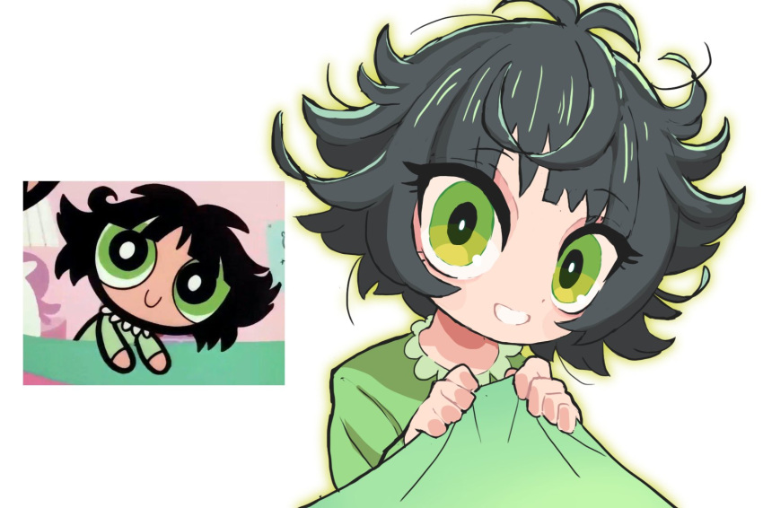 1girl antenna_hair big_eyes black_hair blanket buttercup_(ppg) closed_mouth eyebrows_visible_through_hair eyelashes eyes_visible_through_hair gashi-gashi glowing green_eyes green_theme highres holding holding_blanket long_eyelashes looking_at_viewer messy_hair open_mouth outer_glow outline powerpuff_girls reference_inset reference_photo short_hair simple_background smile white_background