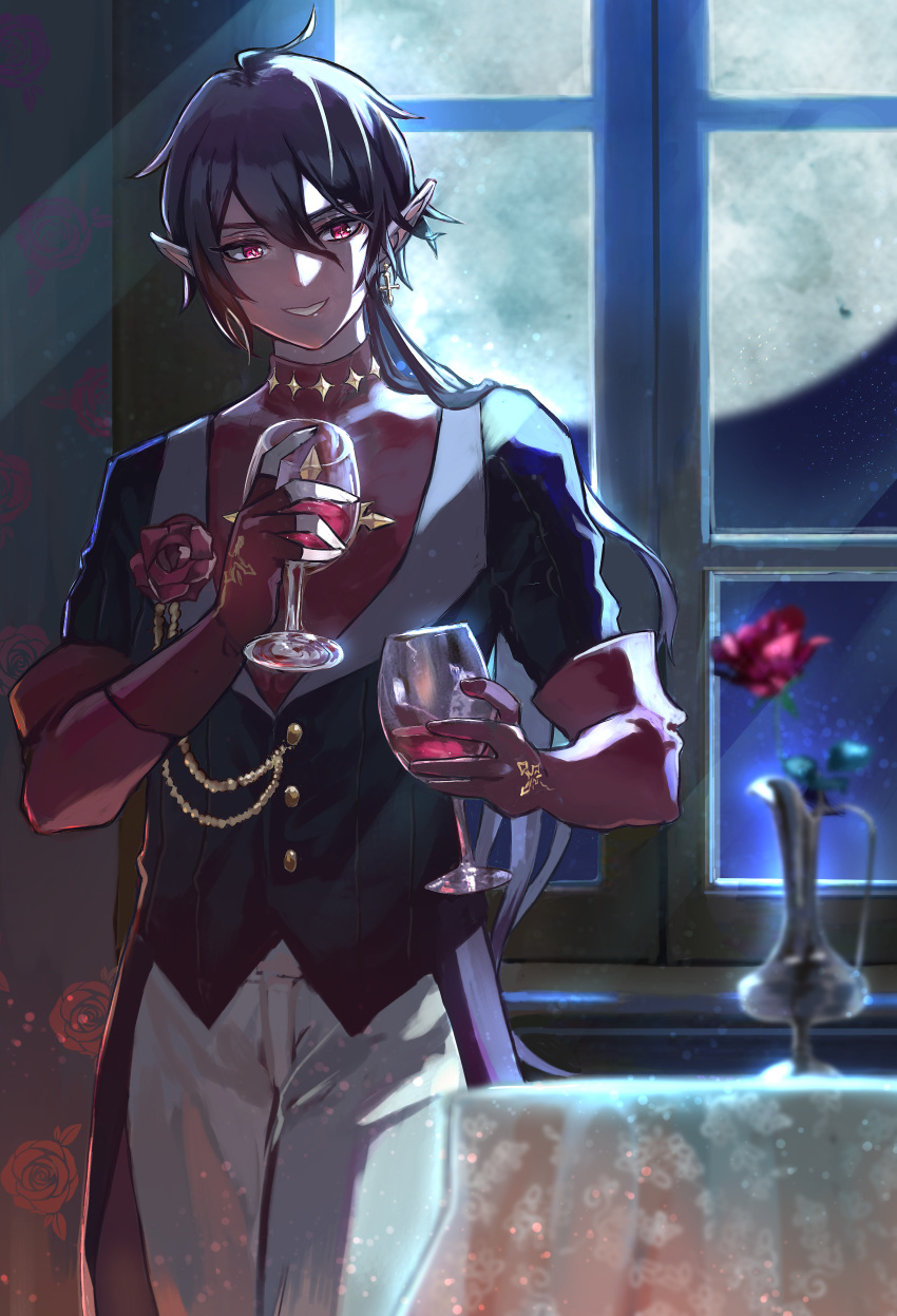 1boy absurdres ahoge aibon alcohol black_hair commentary_request cross cross_earrings cup dracula_(masterwork_apocalypse) drinking_glass earrings elbow_gloves fingerless_gloves flower gloves highres holding holding_cup indoors jewelry looking_to_the_side male_focus masterwork_apocalypse moon pants parted_lips pointy_ears red_eyes red_flower red_gloves short_hair single_fingerless_glove smile solo standing star-shaped_pupils star_(symbol) symbol-shaped_pupils teeth turtleneck vampire waistcoat white_pants window wine wine_glass