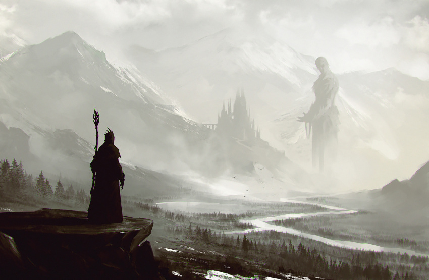 2others absurdres ambiguous_gender castle fog forest giant helmet highres holding holding_staff kalmahul looking_at_another mountain multiple_others nature original outdoors river robe scenery staff standing