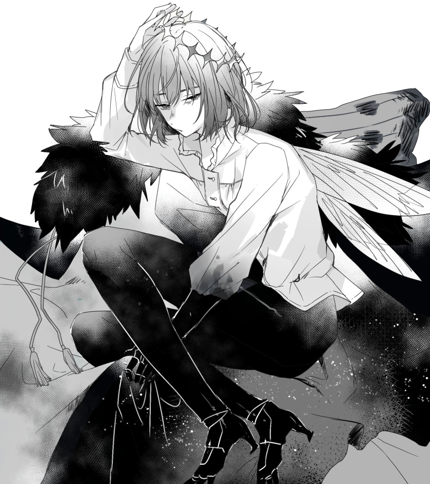 1boy arthropod_boy bangs cape collared_shirt crown empty_eyes eri_05b fate/grand_order fate_(series) full_body fur-trimmed_cape fur_trim greyscale high_heels highres insect_wings looking_at_viewer male_focus monochrome oberon_(fate) shirt short_hair sitting solo wings