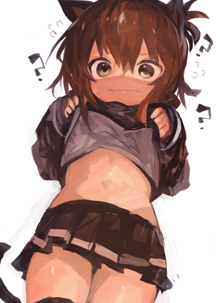 1girl ? absurdres black_skirt blush brown_eyes brown_hair closed_mouth cowboy_shot flying_sweatdrops folded_ponytail hair_between_eyes highres inazuma_(kancolle) kaamin_(mariarose753) kantai_collection long_hair long_sleeves navel pleated_skirt school_uniform serafuku simple_background skirt solo white_background