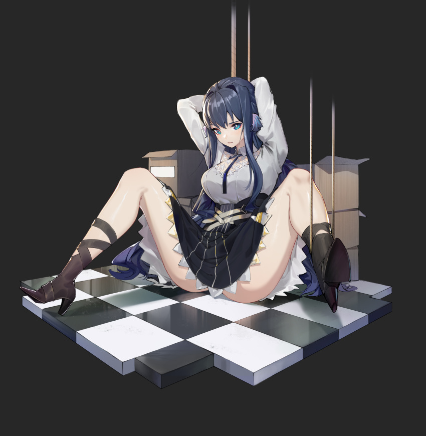 1girl absurdres arknights arms_up astesia_(arknights) blue_eyes blue_hair bound bound_arms box cardboard_box checkered checkered_floor dress high_heels highres lcy_bingzi long_hair restrained rope spread_legs thighs