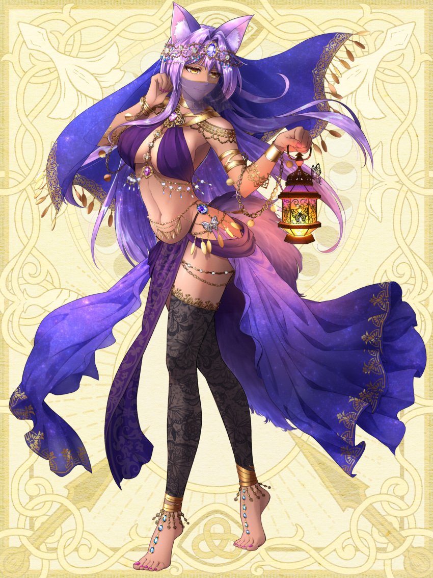 1girl animal_ears ankle_ribbon arabian_clothes armlet bangle barefoot barefoot_sandals belly_chain bikini bikini_top bracelet chain_paradox choker circlet dancer dark_skin gem hair_ornament highres holding holding_lantern jewelry lantern long_hair mouth_veil nail_polish navel necklace pink_nails purple_hair ribbon skirt standing swimsuit tachi-e tail thigh-highs thunderstriker tiptoes toenail_polish toenails veil yellow_eyes