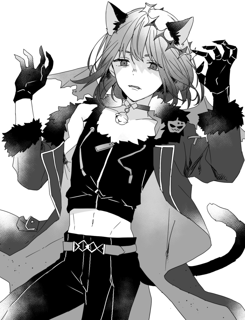 1boy alternate_costume animal_ears bangs cat_boy cat_ears cat_tail claw_pose crown empty_eyes eri_05b fate/grand_order fate_(series) feet_out_of_frame greyscale halloween_costume highres kemonomimi_mode looking_at_viewer male_focus midriff monochrome oberon_(fate) short_hair skinny solo tail