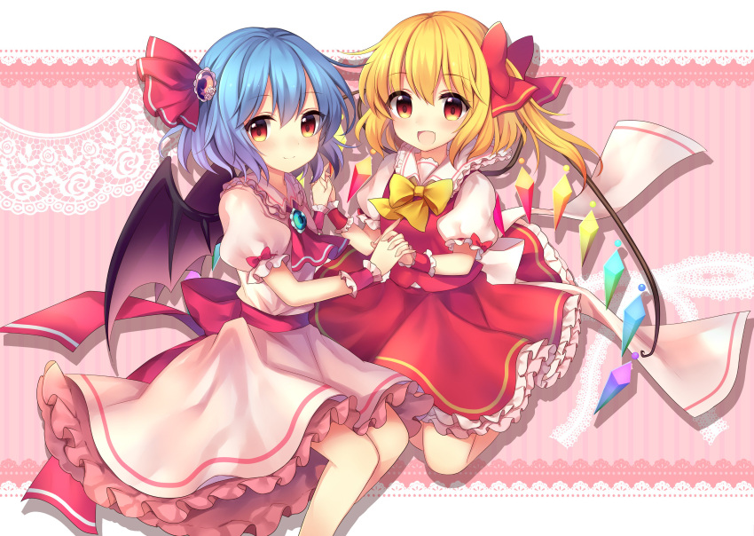 2girls :d absurdres amethyst_(gemstone) ascot bat_wings blonde_hair blue_hair blush bow brooch chibi commentary_request crystal dress fang feet_out_of_frame flandre_scarlet frilled_dress frilled_shirt_collar frills full_body hair_bow hat hat_bow hat_ribbon headwear_removed highres holding_hands interlocked_fingers jewelry lace_trim looking_at_viewer multicolored_wings multiple_girls one_side_up open_mouth pink_background pink_dress puffy_short_sleeves puffy_sleeves rainbow_order red_bow red_eyes red_ribbon red_skirt red_vest remilia_scarlet ribbon ruhika shirt short_hair short_sleeves siblings side_ponytail sisters skirt skirt_set smile touhou vest white_shirt wings wrist_cuffs