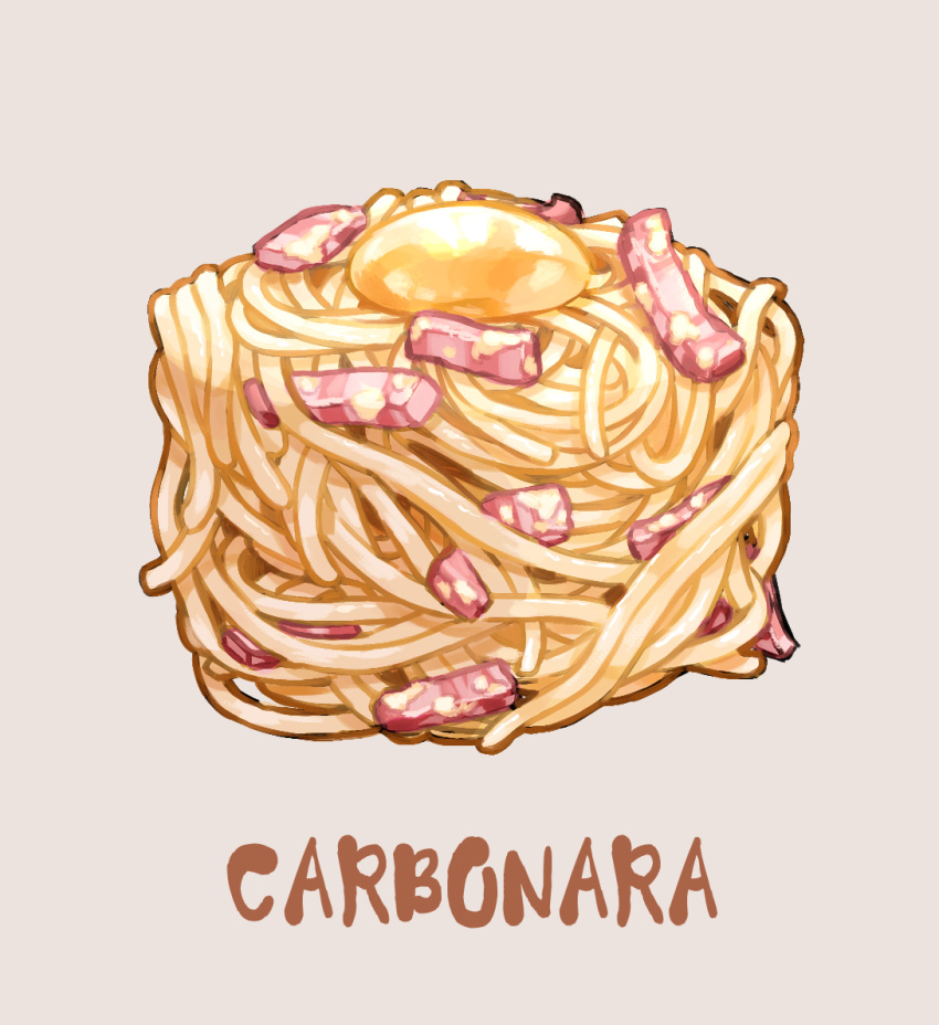 bacon carbonara_(food) cube egg_yolk english_text food food_focus grey_background no_humans original pasta pork saino simple_background spaghetti