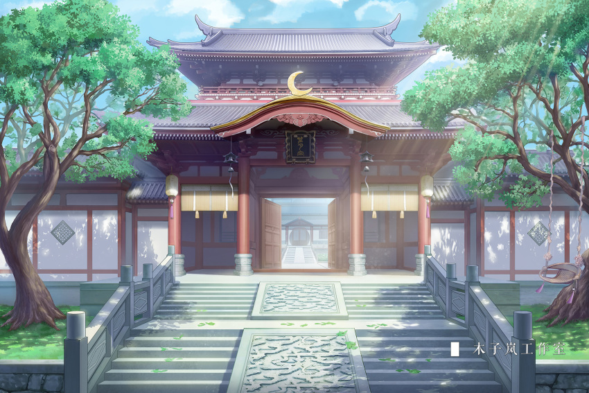 architecture blue_sky chinese_commentary chinese_text clouds commentary_request day east_asian_architecture grass highres lantern leaf moonslanstudio no_humans original plant scenery shade sign sky stairs stone_stairs sunlight swing tree