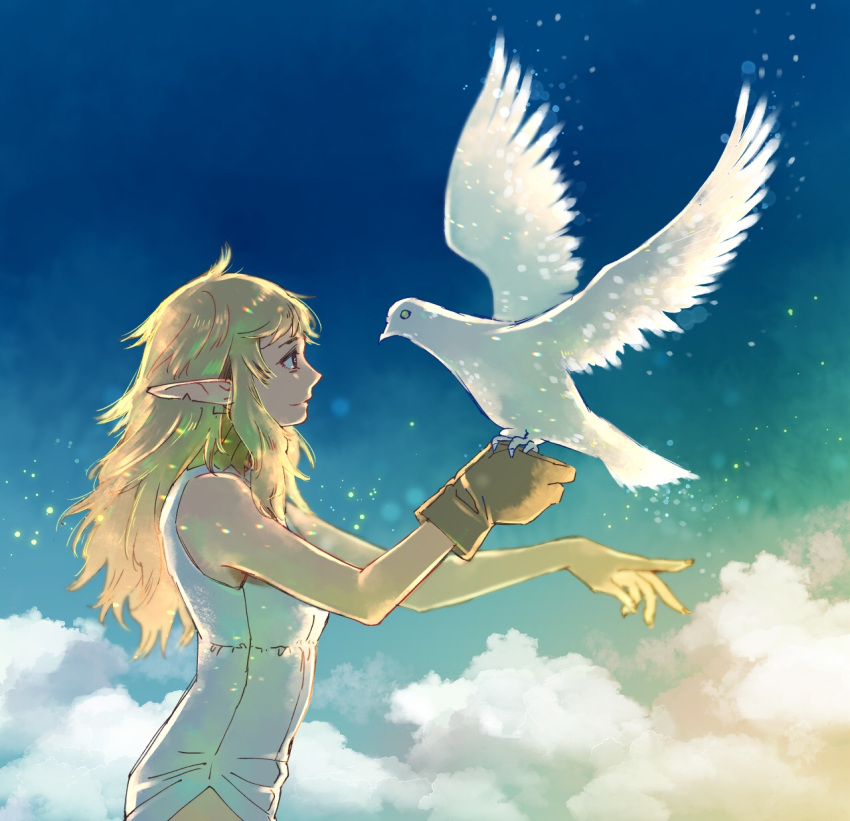 1girl bird bird_on_hand blonde_hair clouds dungeon_meshi elf fleki floating_hair from_side gloves highres jack_(haist) light_particles long_hair notched_ear outstretched_arms pointy_ears profile single_glove sky sleeveless solo wind