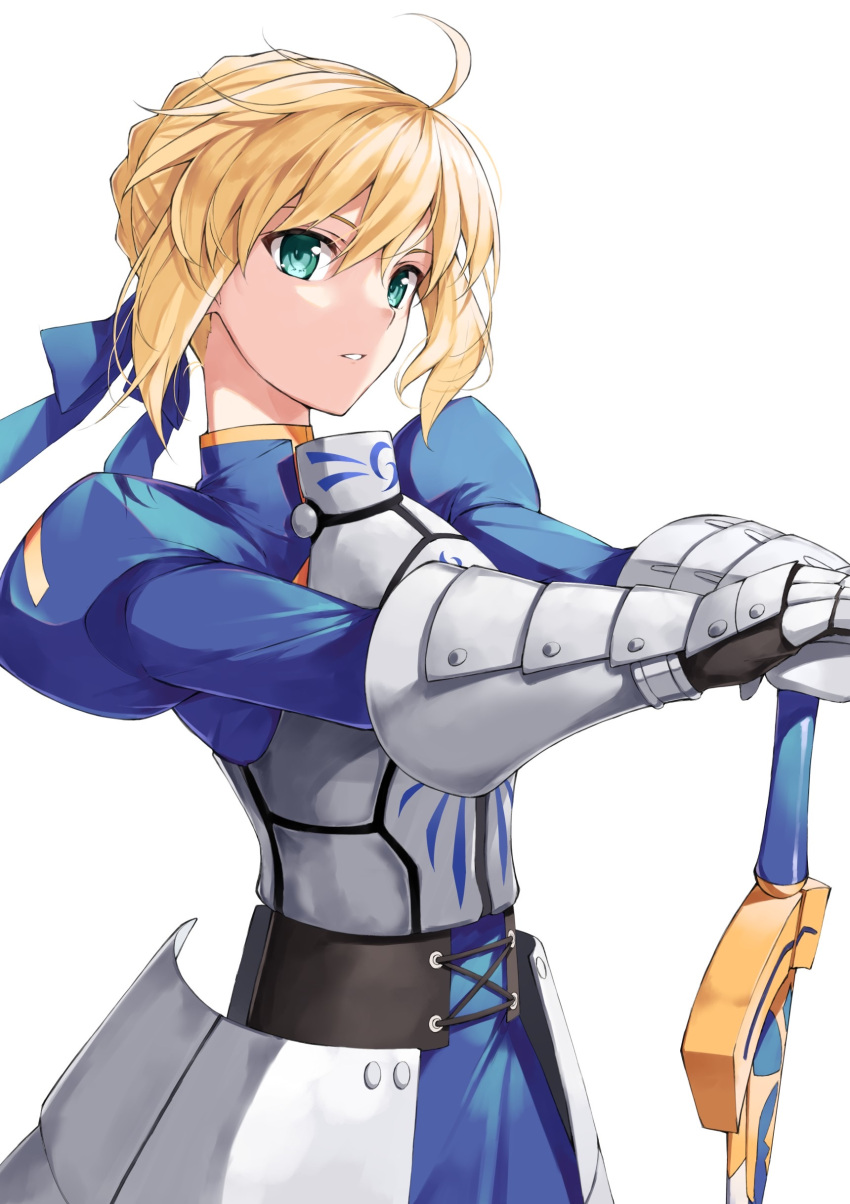 1girl absurdres arm_rest armor armored_dress artoria_pendragon_(fate) blonde_hair blue_dress blue_ribbon dress excalibur_(fate/stay_night) fate/stay_night fate/zero fate_(series) from_side gauntlets green_eyes hair_bun hair_ribbon highres holding holding_sword holding_weapon looking_at_viewer marie_(pixiv31942978) parted_lips planted planted_sword ribbon saber short_hair simple_background smile solo sword weapon white_background