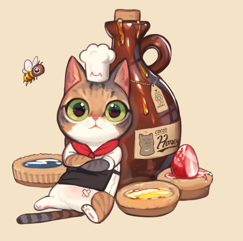 apron bee black_apron brown_background bug cat chef_hat cookie food green_eyes hat highres honey looking_at_viewer no_humans original rinotuna shirt simple_background sitting solo white_shirt