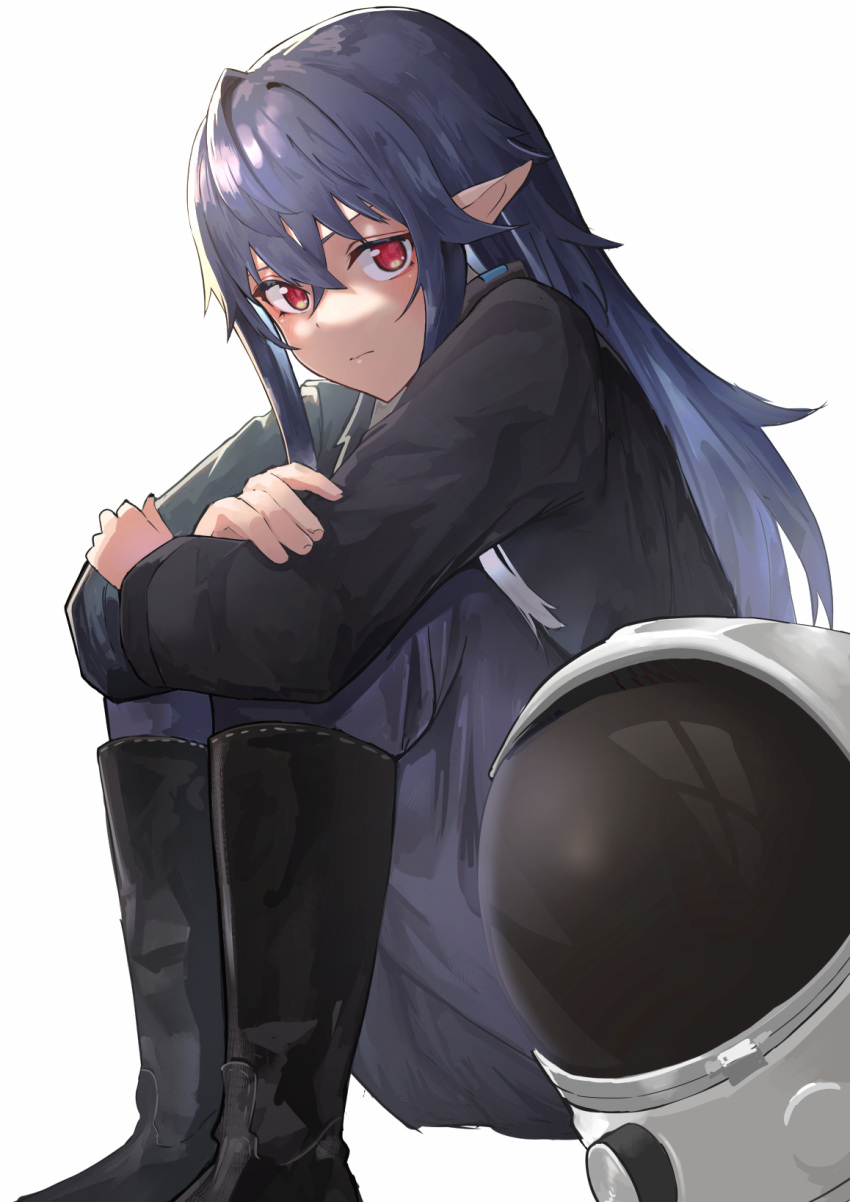 1girl blue_hair boots hanabusaraleigh helmet highres hugging_own_legs irina_luminesk legs_together long_hair looking_at_viewer pointy_ears red_eyes simple_background solo tsuki_to_laika_to_nosferatu white_background