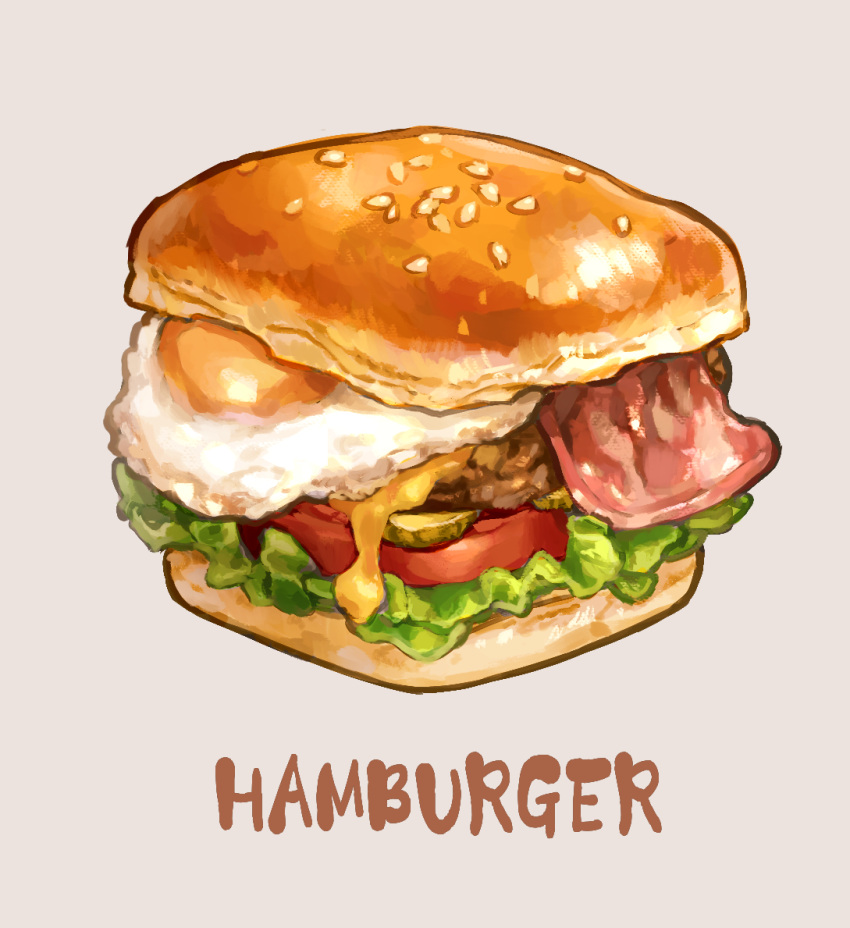 bacon burger cheese cube english_text food food_focus fried_egg grey_background no_humans original saino salad simple_background tomato