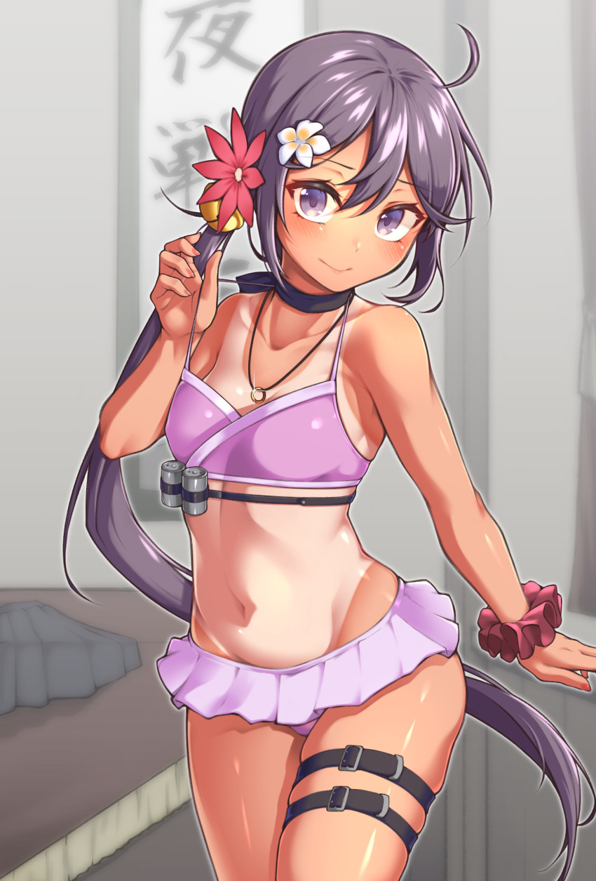 1girl akebono_(kancolle) bare_arms bare_shoulders bell bikini bikini_pull bikini_skirt blush breasts choker clothes_pull commentary_request cowboy_shot depth_charge flower groin hair_bell hair_flower hair_ornament highres indoors jewelry jingle_bell kantai_collection long_hair one-piece_tan purple_hair ring ring_necklace scrunchie side_ponytail skindentation skirt skirt_removed small_breasts solo stomach swimsuit tan tanlines thigh_strap very_long_hair violet_eyes wedding_band wrist_scrunchie yuki_to_hana