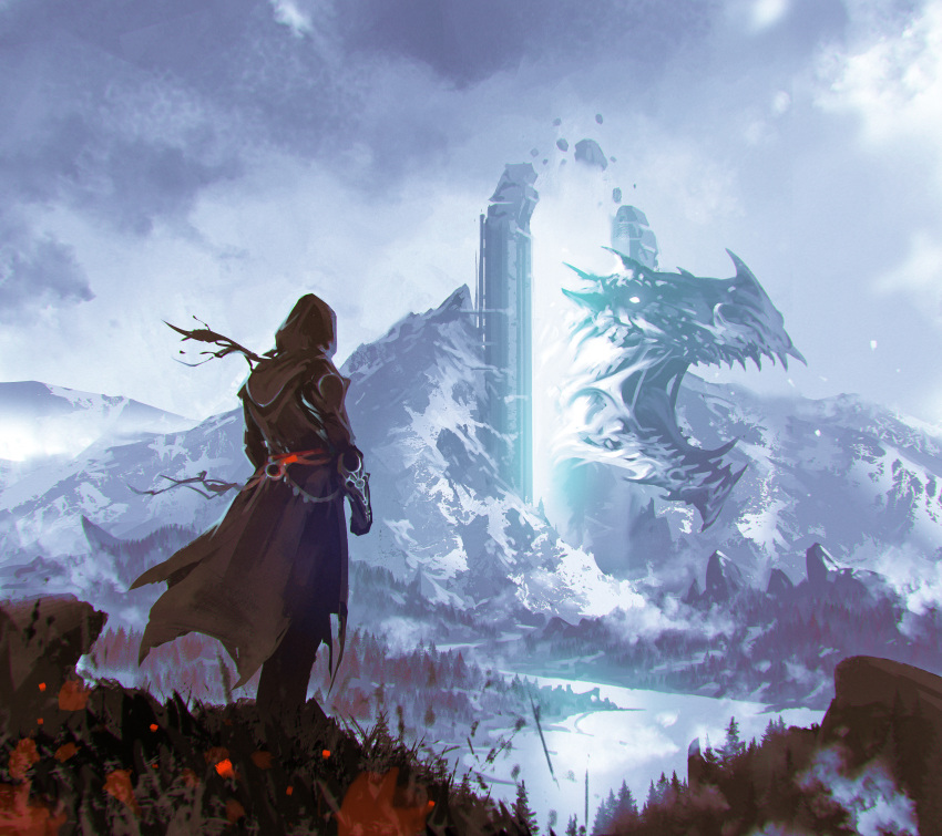 1other absurdres ambiguous_gender dragon facing_away forest from_behind gloves highres hood hood_up hooded_robe kalmahul long_sleeves mountain nature open_mouth original portal_(object) robe scenery sharp_teeth solo standing teeth