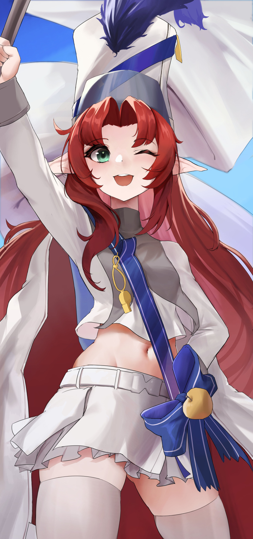 1girl absurdres arknights belt blue_background blue_bow blue_sash bow cowboy_shot crop_top dylanlin eyebrows_visible_through_hair flag green_eyes hand_up hat highres holding holding_flag long_hair long_sleeves looking_at_viewer midriff myrtle_(arknights) myrtle_(light_gold_celebration)_(arknights) navel official_alternate_costume one_eye_closed open_mouth pointy_ears redhead sash shirt skindentation skirt solo teeth thigh-highs upper_teeth very_long_hair white_belt white_headwear white_legwear white_shirt white_skirt