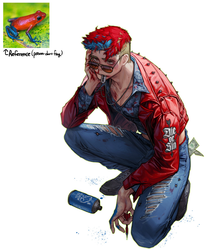 1boy blue_hair blue_pants blue_shirt collared_shirt dollar_bill english_commentary full_body highres jacket multicolored_hair original pants personification poison_dart_frog red_jacket redhead rinotuna shirt simple_background solo spikes squatting sunglasses torn_clothes torn_pants white_background