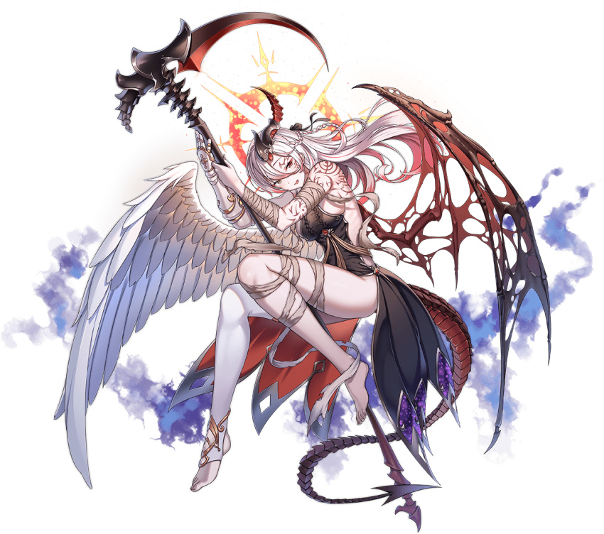 1girl :d angel angel_wings ark_order arm_tattoo artist_request bandaged_arm bandaged_leg bandages black_dress braid demon_girl demon_horns demon_tail demon_wings dress feathered_wings full_body gauntlets gloves halo heterochromia holding holding_scythe horns looking_at_viewer mismatched_wings mole mole_under_eye multicolored_hair official_art pale_skin red_eyes redhead samael_(ark_order) scythe single_gauntlet single_horn single_thighhigh smile solo stirrup_legwear streaked_hair tachi-e tail tattoo thigh-highs toeless_legwear transparent_background two-tone_hair white_feathers white_gloves white_hair white_legwear white_wings wings yellow_eyes