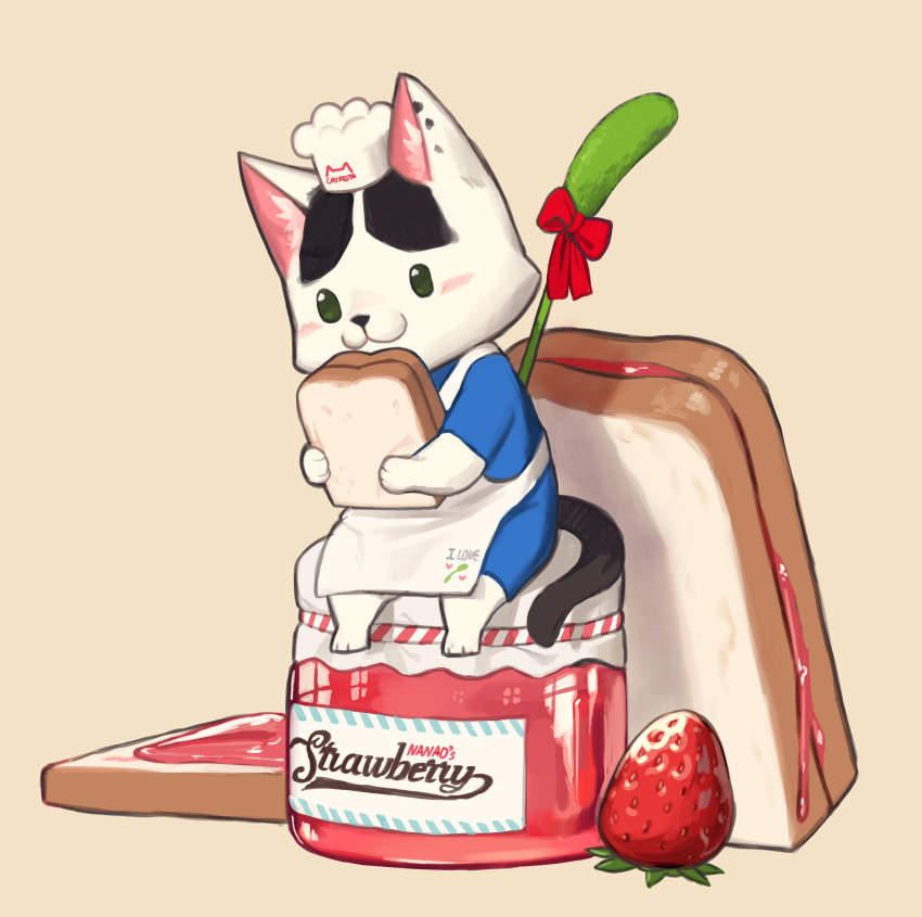 apron bread bread_slice brown_background cat chef_hat food fruit hat highres jam no_humans original rinotuna sandwich simple_background solo strawberry strawberry_jam white_apron