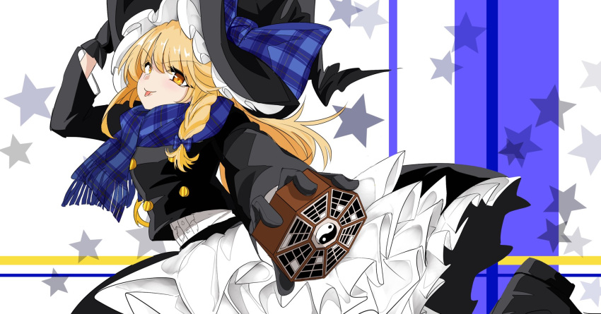 1girl :q apron arm_up black_footwear black_gloves black_skirt black_vest blonde_hair blue_scarf boots bow braid breasts buttons closed_mouth commentary_request dress eyebrows_visible_through_hair frilled_apron frills fuko_(fukkofuko) gloves hair_bow hand_on_headwear hat hat_ribbon highres kirisame_marisa long_sleeves looking_at_viewer medium_breasts mini-hakkero petticoat plaid plaid_bow plaid_scarf ribbon scarf shiny shiny_hair shirt single_braid skirt smile solo standing star_(symbol) star_print starry_background tongue tongue_out touhou upper_body v-shaped_eyebrows vest waist_apron white_shirt witch_hat yellow_eyes
